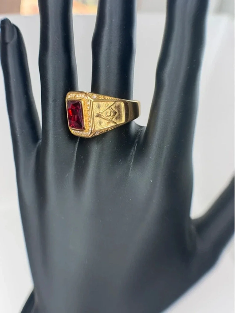 gold tone red CZ statement ring clear accents size 13